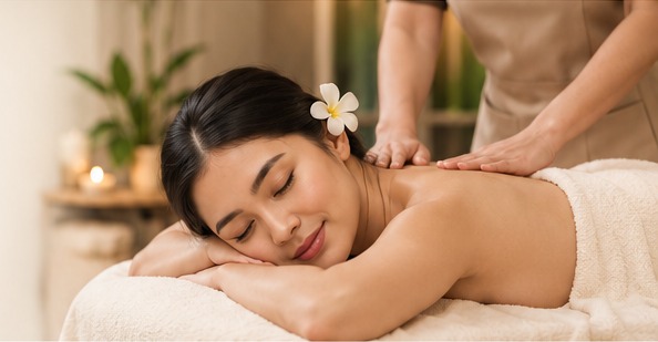 A relaxing massage session in a calm, warm setting